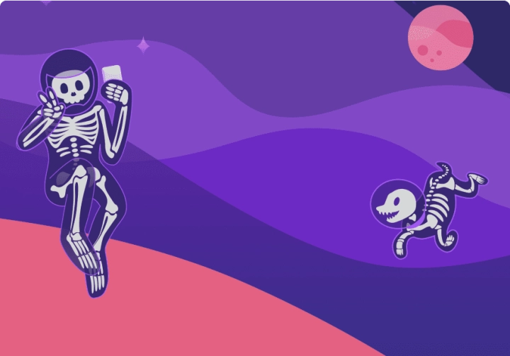 a skeleton and a cat are flying in the sky